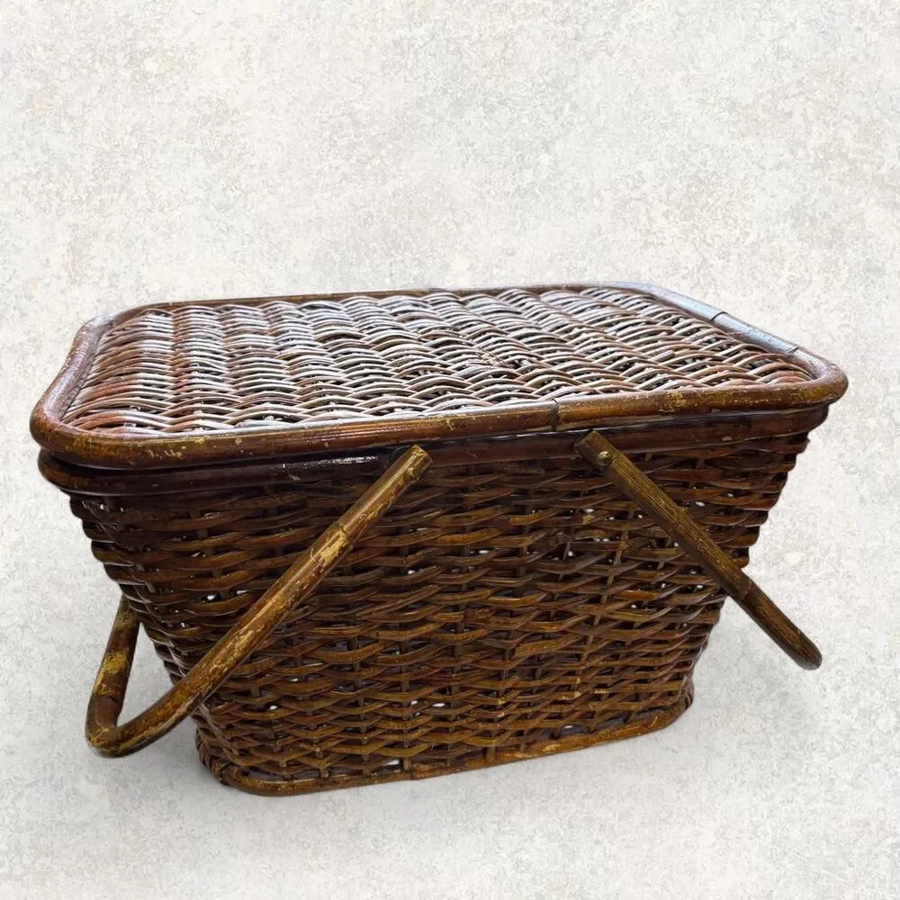 Vintage Cottagecore Antique Boho Wicker Sewing Picnic Basket